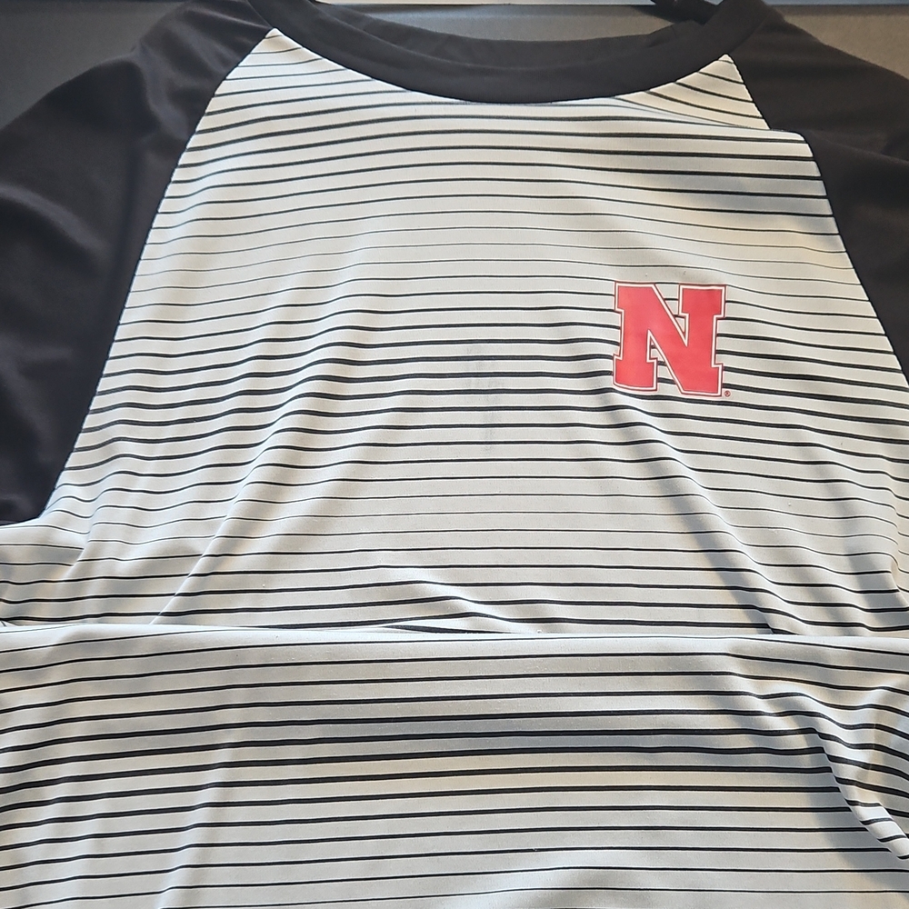 Colosseum Black and White Striped Tee with Red Logo